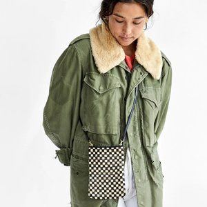 CLARE V Poche Leather Black & Cream Woven Checker